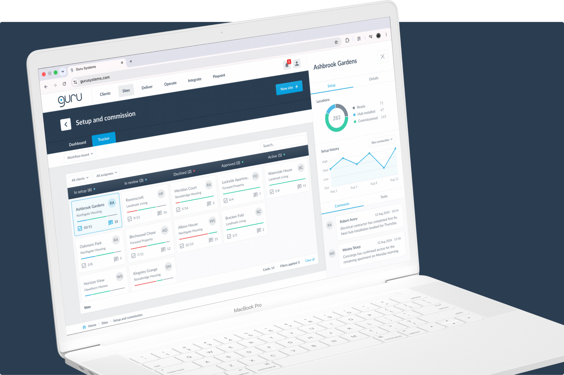 Site setup tracker board and details panel